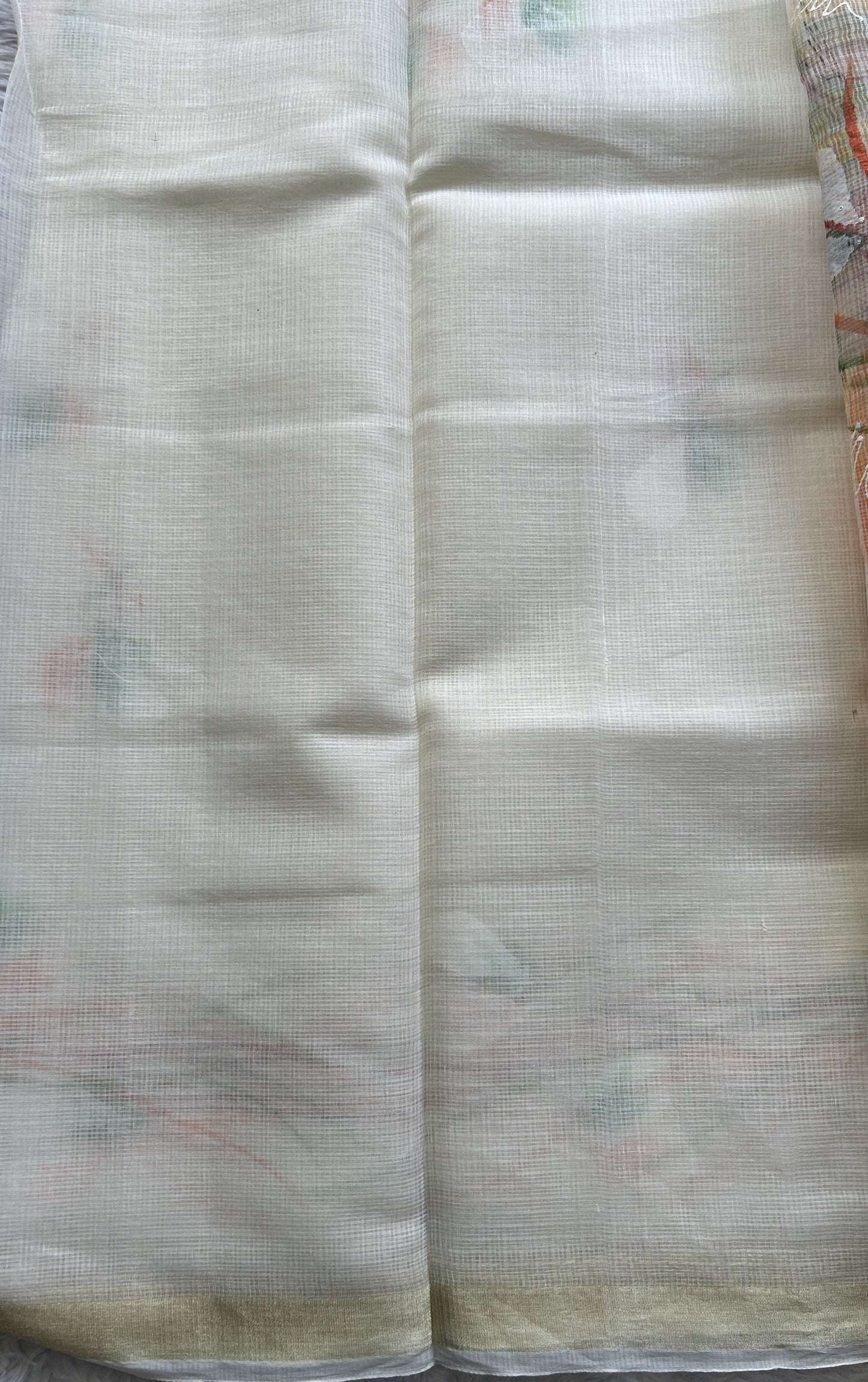 Cotton Kota Hand Painted Saree White Colored Complemented with a Borderless. - Sampradaya Designer Studio