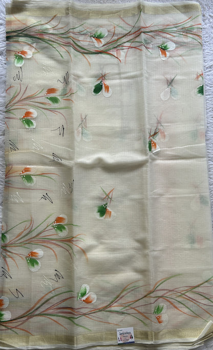 Cotton Kota Hand Painted Saree White Colored Complemented with a Borderless. - Sampradaya Designer Studio