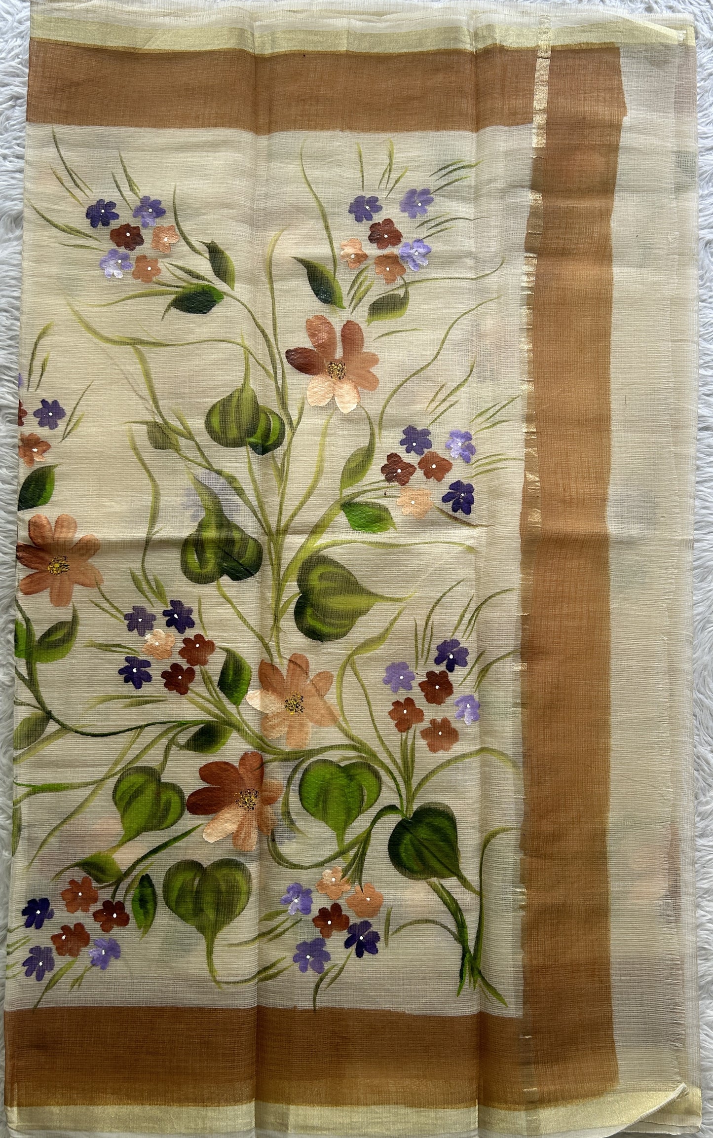 Cotton Kota Hand Painted Saree Cream Colored Complemented with a Borderless. - Sampradaya Designer Studio