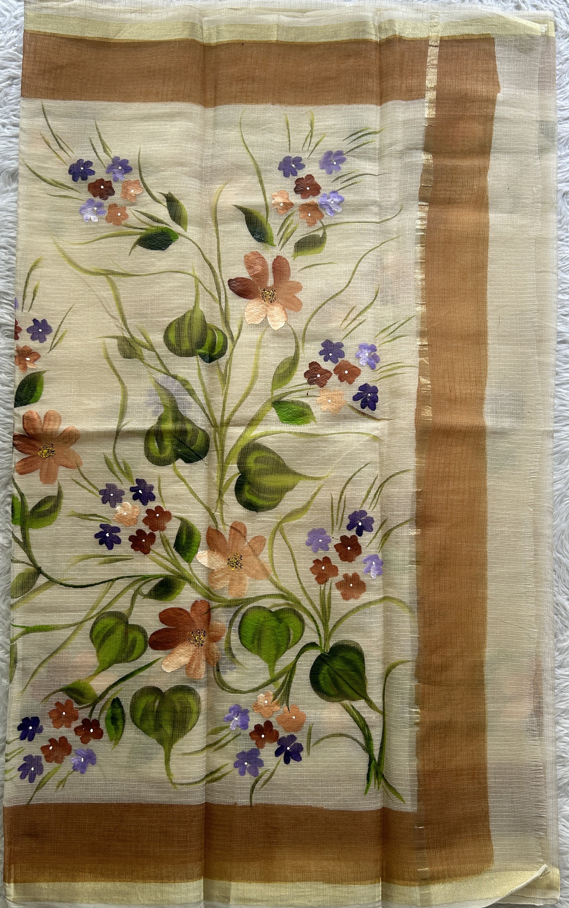 Cotton Kota Hand Painted Saree Cream Colored Complemented with a Borderless. - Sampradaya Designer Studio