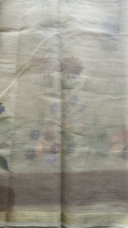 Cotton Kota Hand Painted Saree Cream Colored Complemented with a Borderless. - Sampradaya Designer Studio