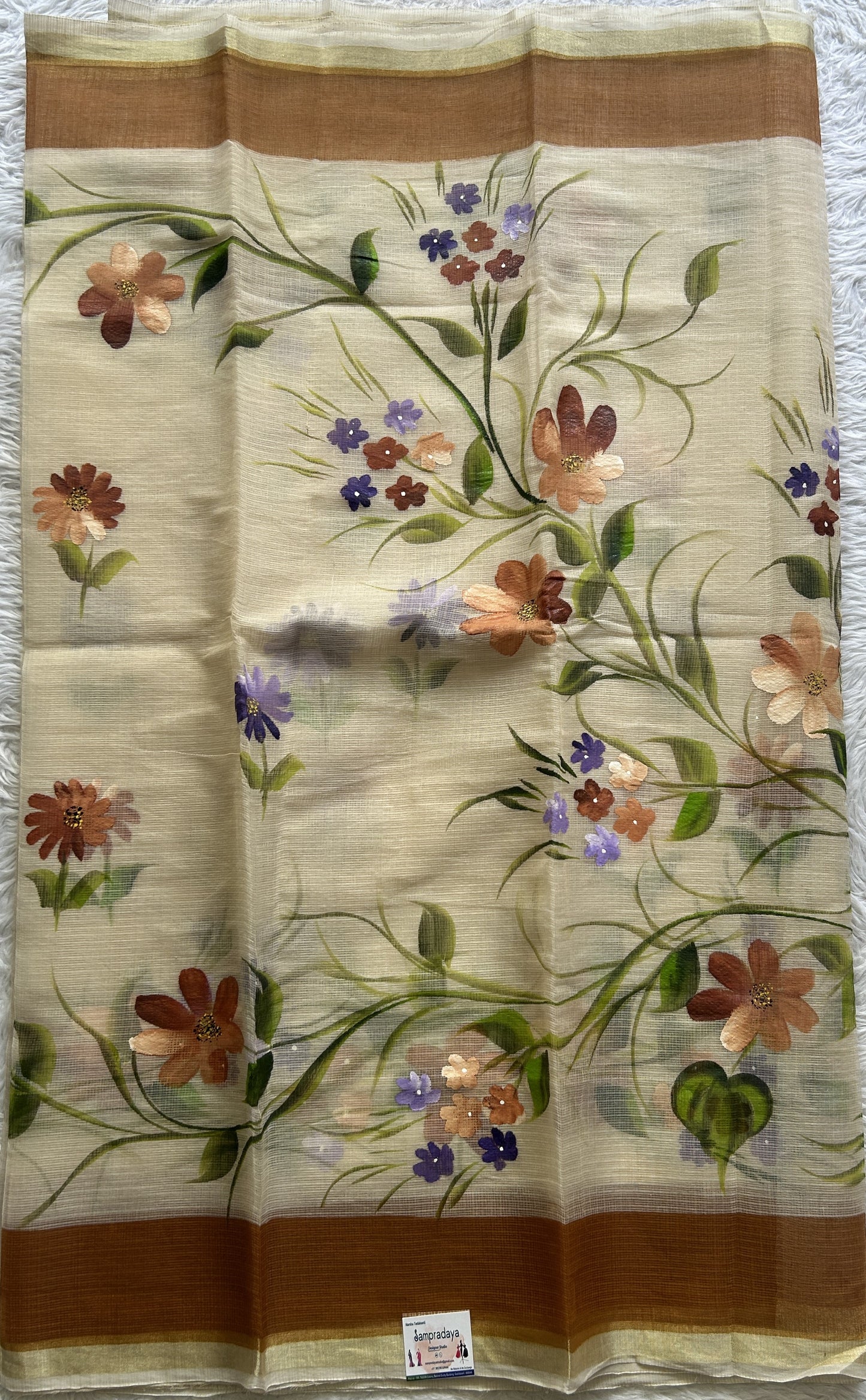 Cotton Kota Hand Painted Saree Cream Colored Complemented with a Borderless. - Sampradaya Designer Studio
