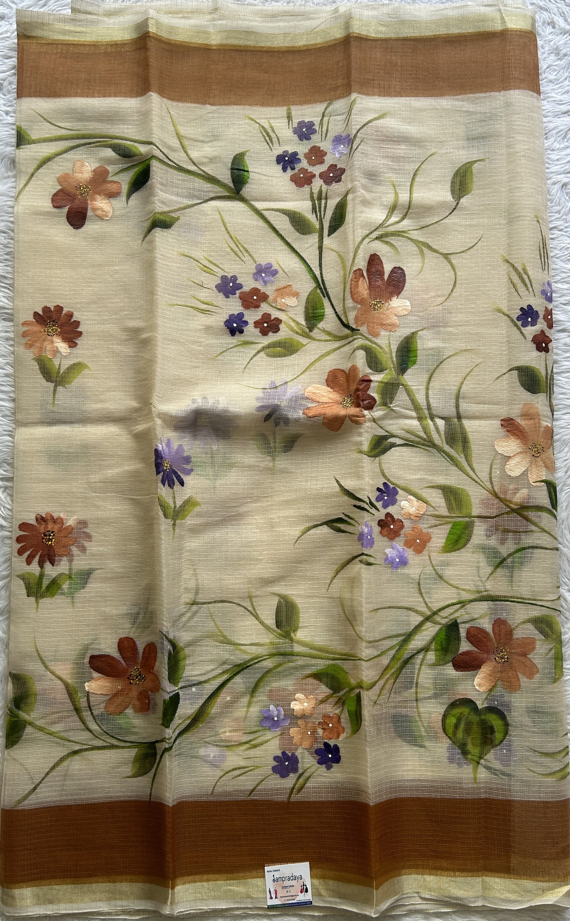 Cotton Kota Hand Painted Saree Cream Colored Complemented with a Borderless. - Sampradaya Designer Studio