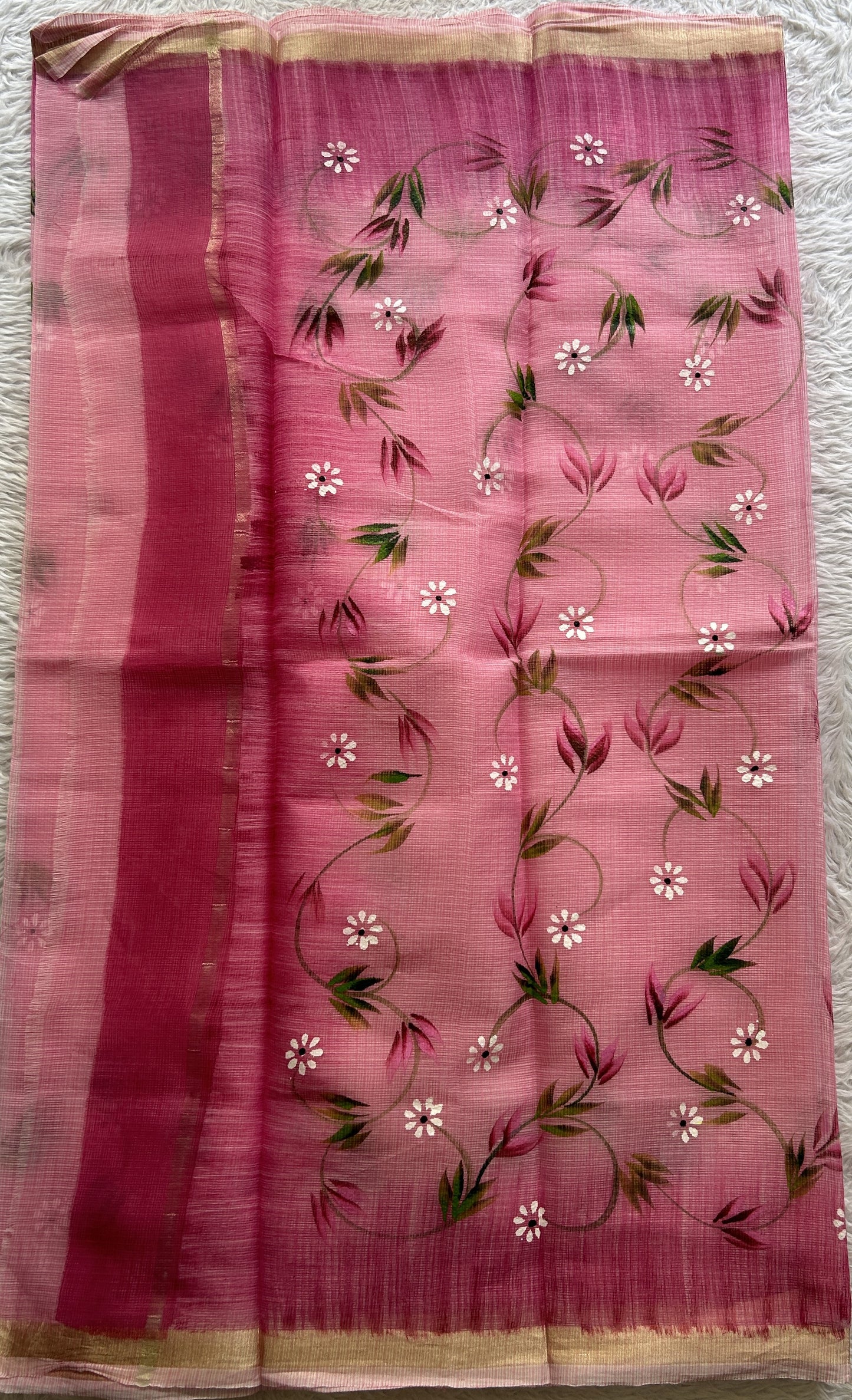 Cotton Kota Hand Painted Saree Pink Colored Complemented with a Borderless. - Sampradaya Designer Studio