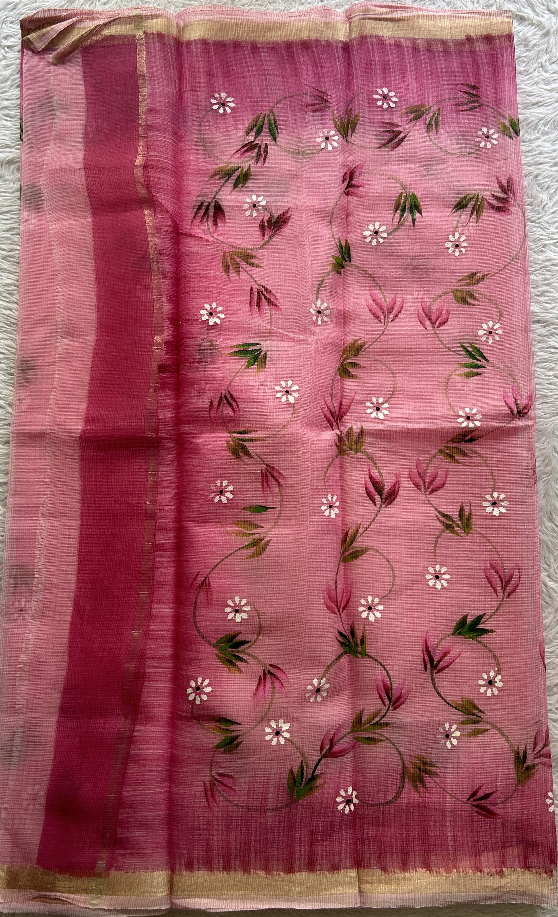 Cotton Kota Hand Painted Saree Pink Colored Complemented with a Borderless. - Sampradaya Designer Studio