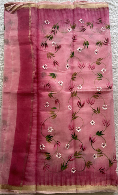 Cotton Kota Hand Painted Saree Pink Colored Complemented with a Borderless. - Sampradaya Designer Studio