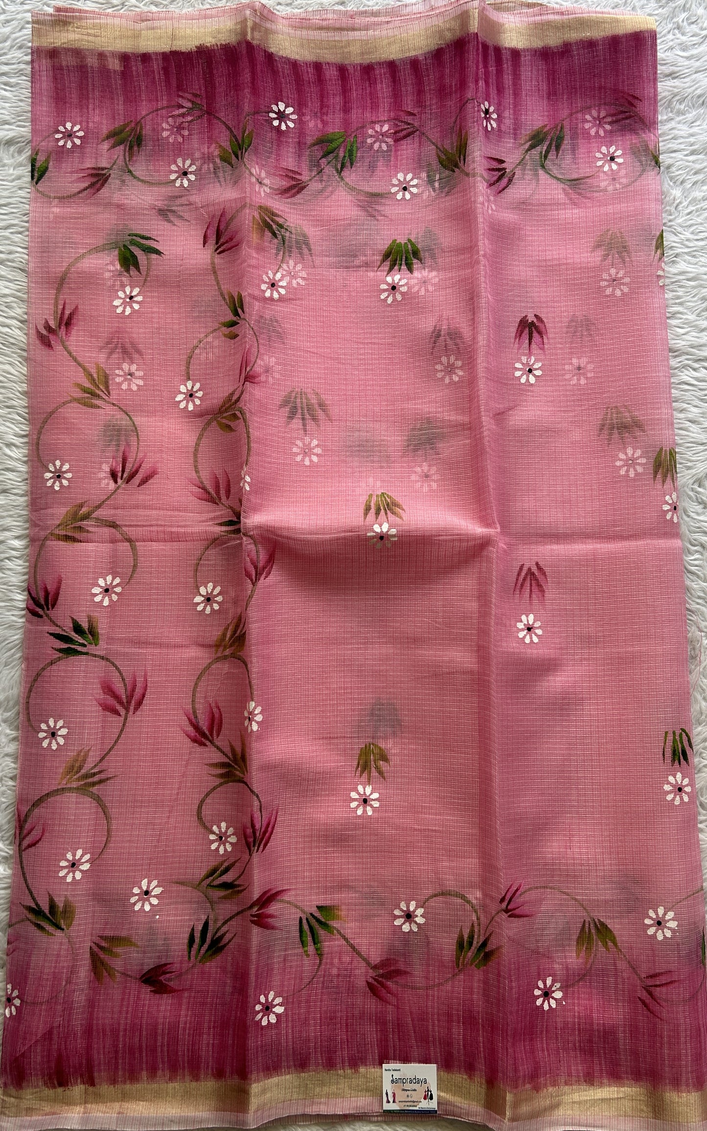 Cotton Kota Hand Painted Saree Pink Colored Complemented with a Borderless. - Sampradaya Designer Studio