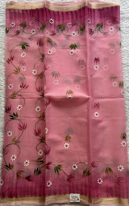Cotton Kota Hand Painted Saree Pink Colored Complemented with a Borderless. - Sampradaya Designer Studio