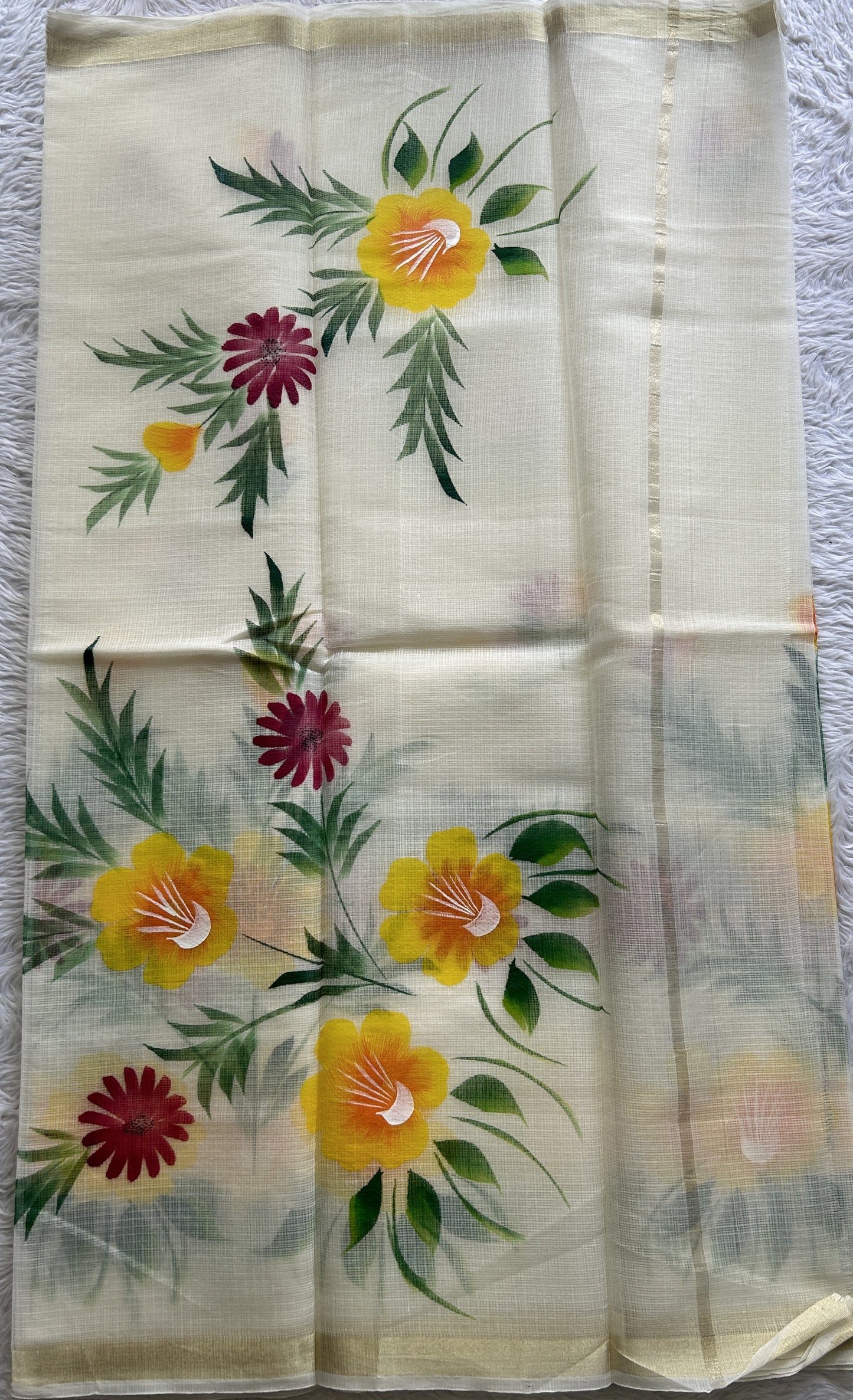 Cotton Kota Hand Painted Saree Off White Colored Complemented with a Borderless. - Sampradaya Designer Studio
