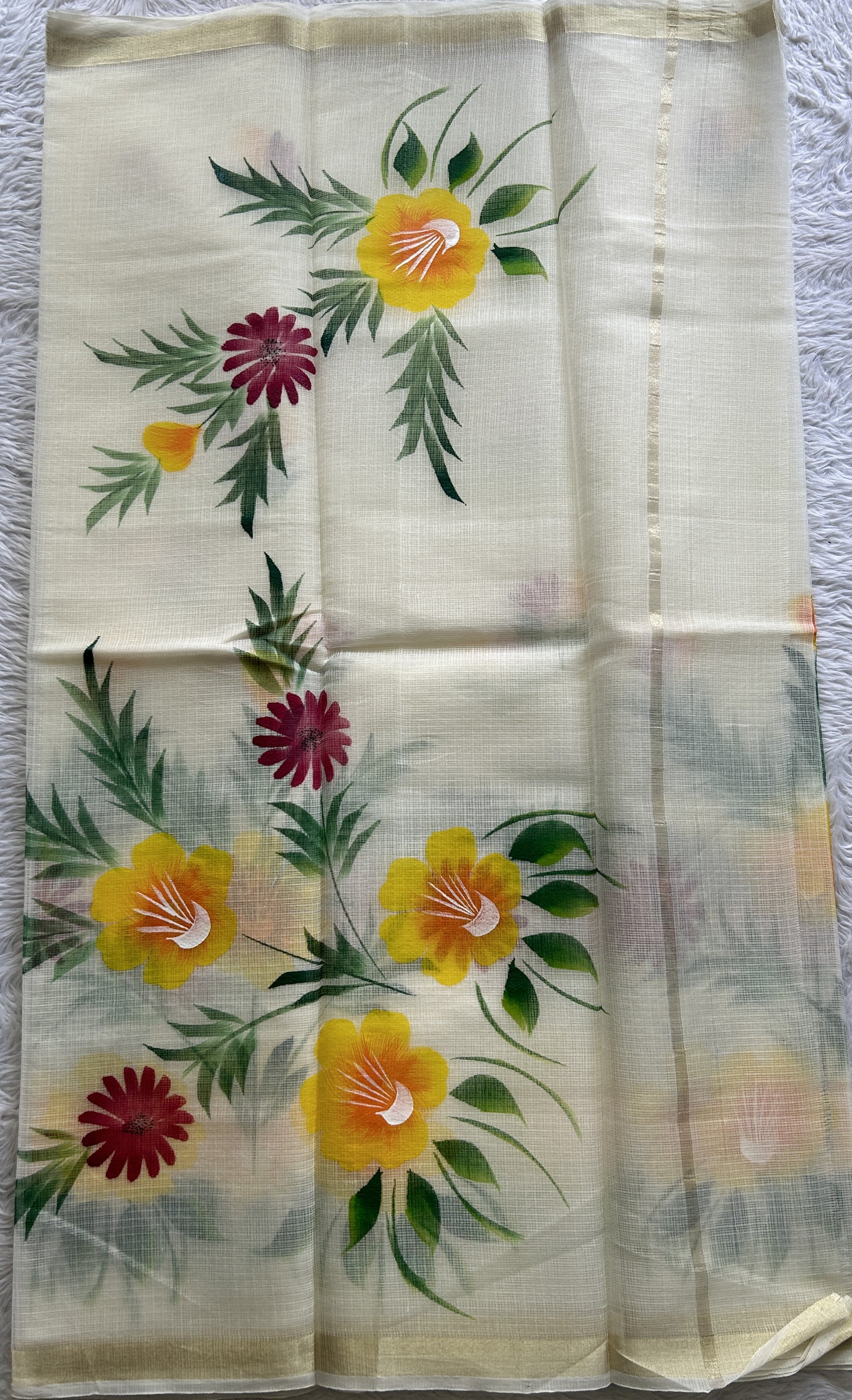 Cotton Kota Hand Painted Saree Off White Colored Complemented with a Borderless. - Sampradaya Designer Studio