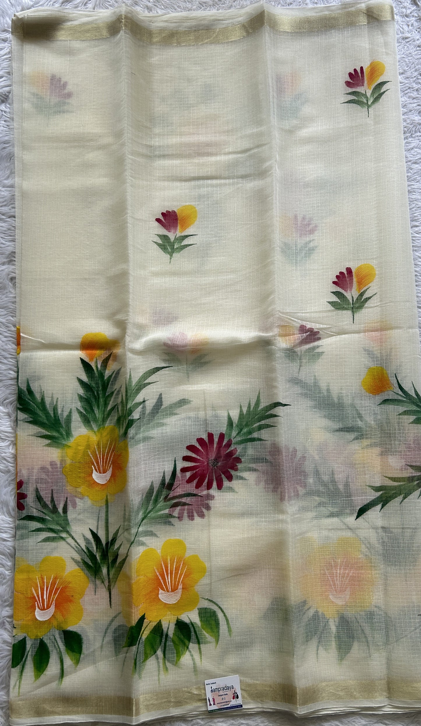 Cotton Kota Hand Painted Saree Off White Colored Complemented with a Borderless. - Sampradaya Designer Studio