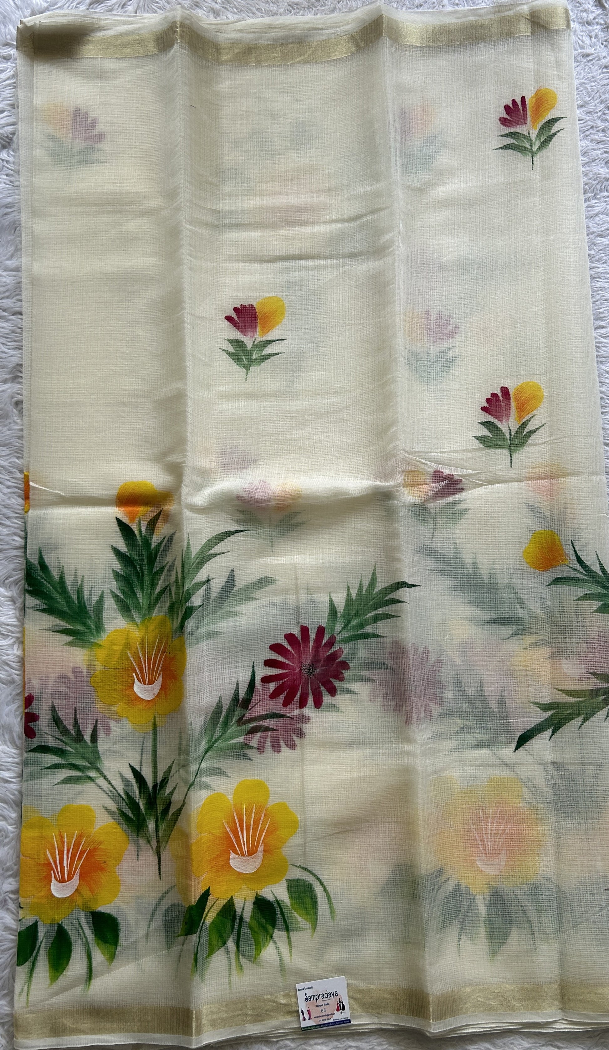 Cotton Kota Hand Painted Saree Off White Colored Complemented with a Borderless. - Sampradaya Designer Studio