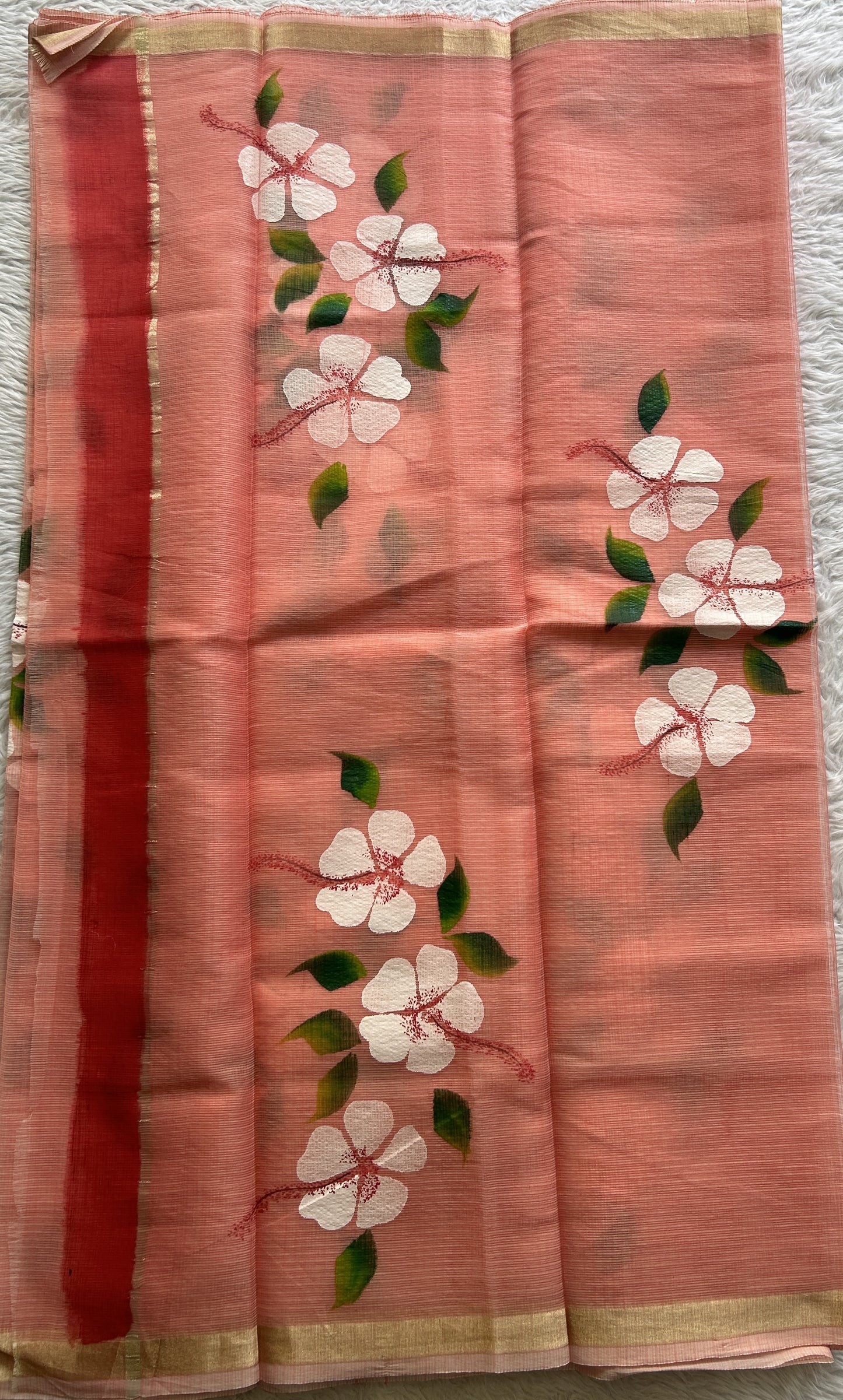 Cotton Kota Hand Painted Saree Peach Colored Complemented with a Borderless. - Sampradaya Designer Studio