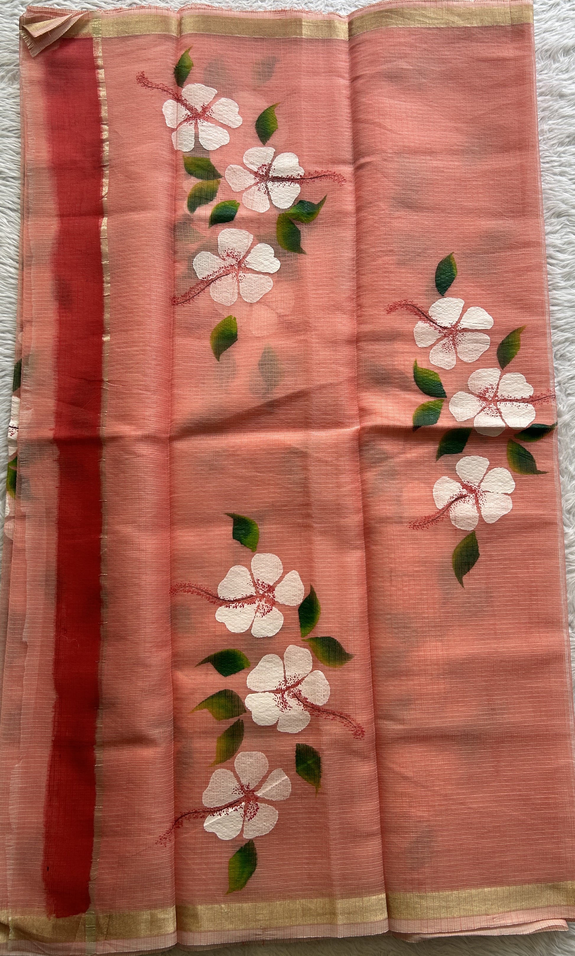 Cotton Kota Hand Painted Saree Peach Colored Complemented with a Borderless. - Sampradaya Designer Studio