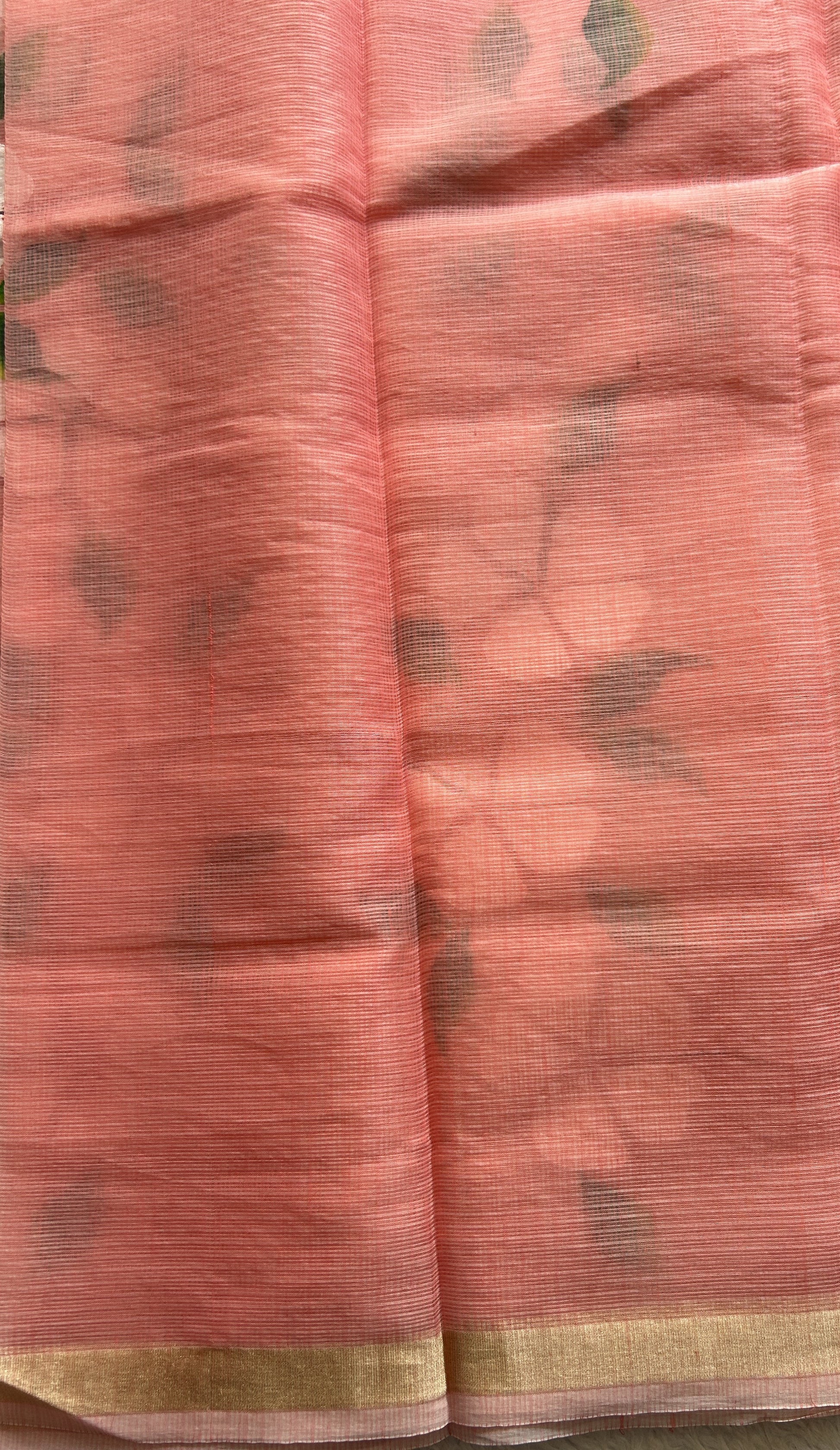 Cotton Kota Hand Painted Saree Peach Colored Complemented with a Borderless. - Sampradaya Designer Studio