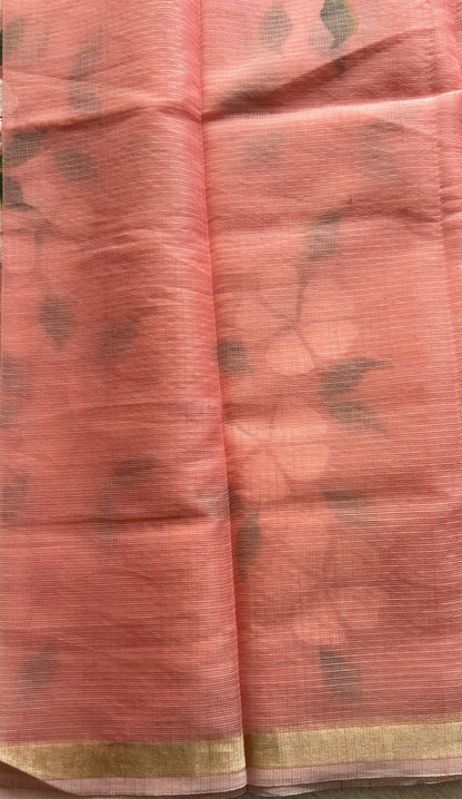 Cotton Kota Hand Painted Saree Peach Colored Complemented with a Borderless. - Sampradaya Designer Studio