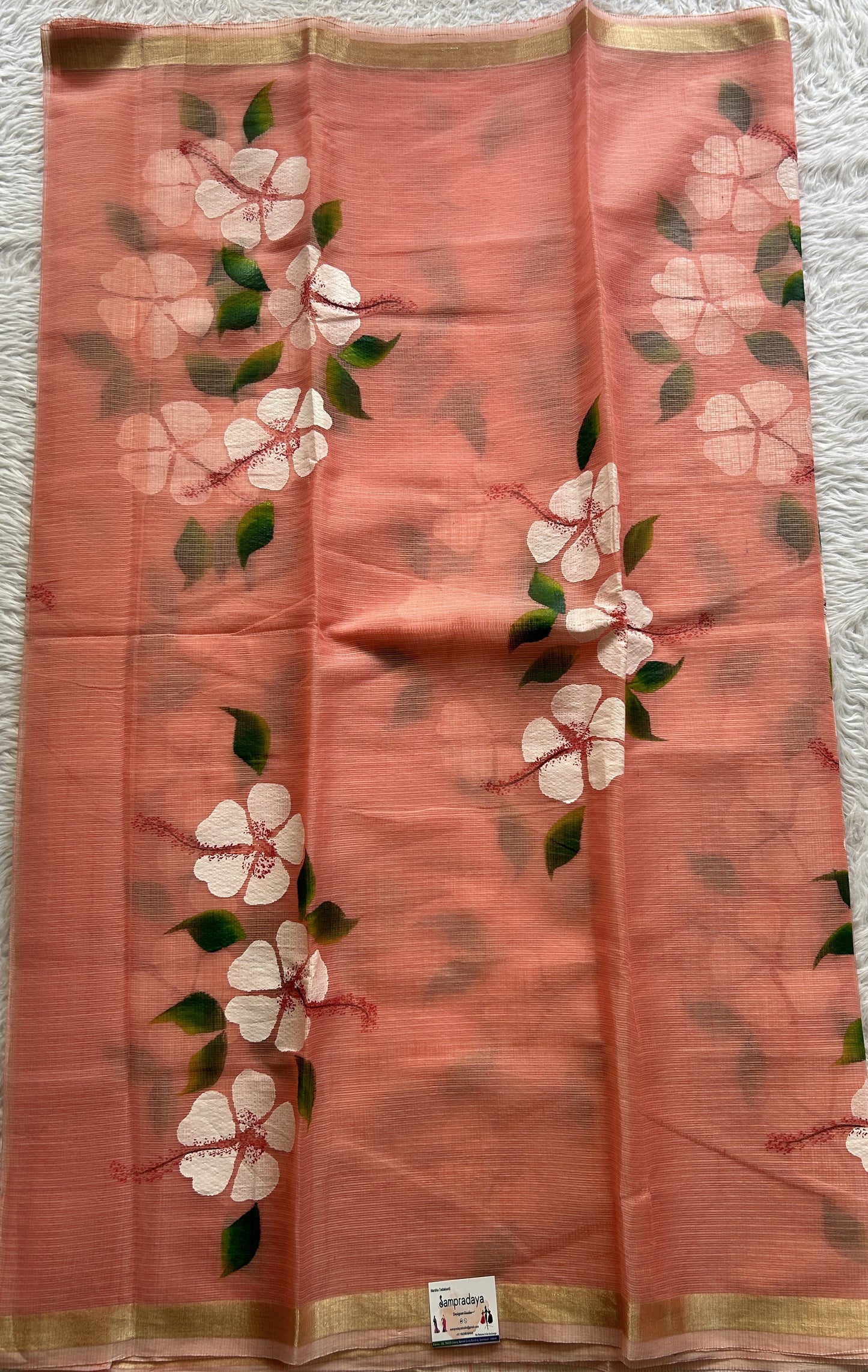 Cotton Kota Hand Painted Saree Peach Colored Complemented with a Borderless. - Sampradaya Designer Studio