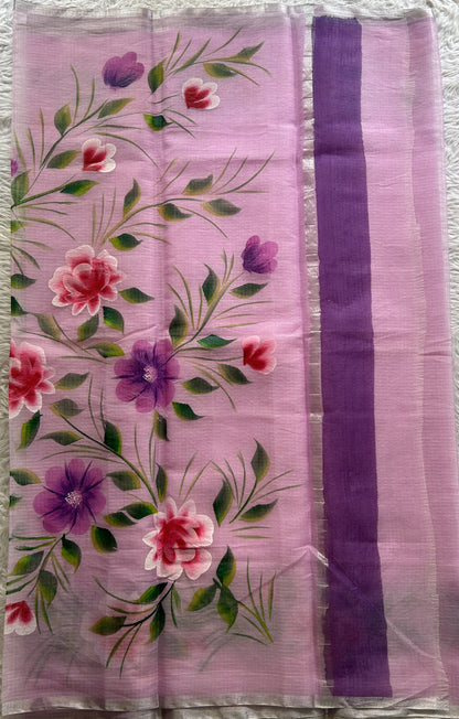 Cotton Kota Hand Painted Saree Lavender Colored Complemented with a Borderless. - Sampradaya Designer Studio