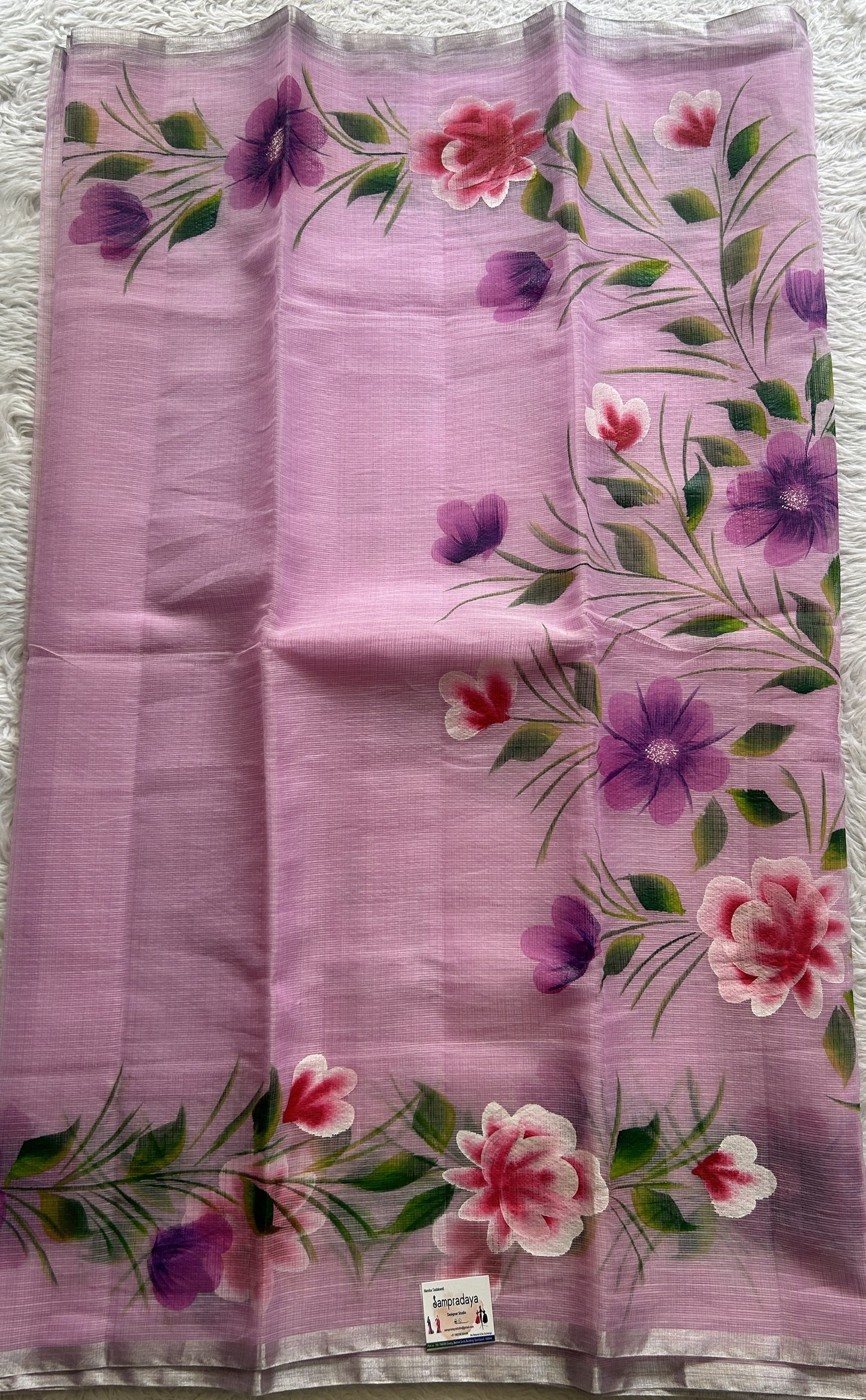 Cotton Kota Hand Painted Saree Lavender Colored Complemented with a Borderless. - Sampradaya Designer Studio