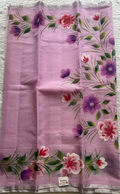 Cotton Kota Hand Painted Saree Lavender Colored Complemented with a Borderless. - Sampradaya Designer Studio