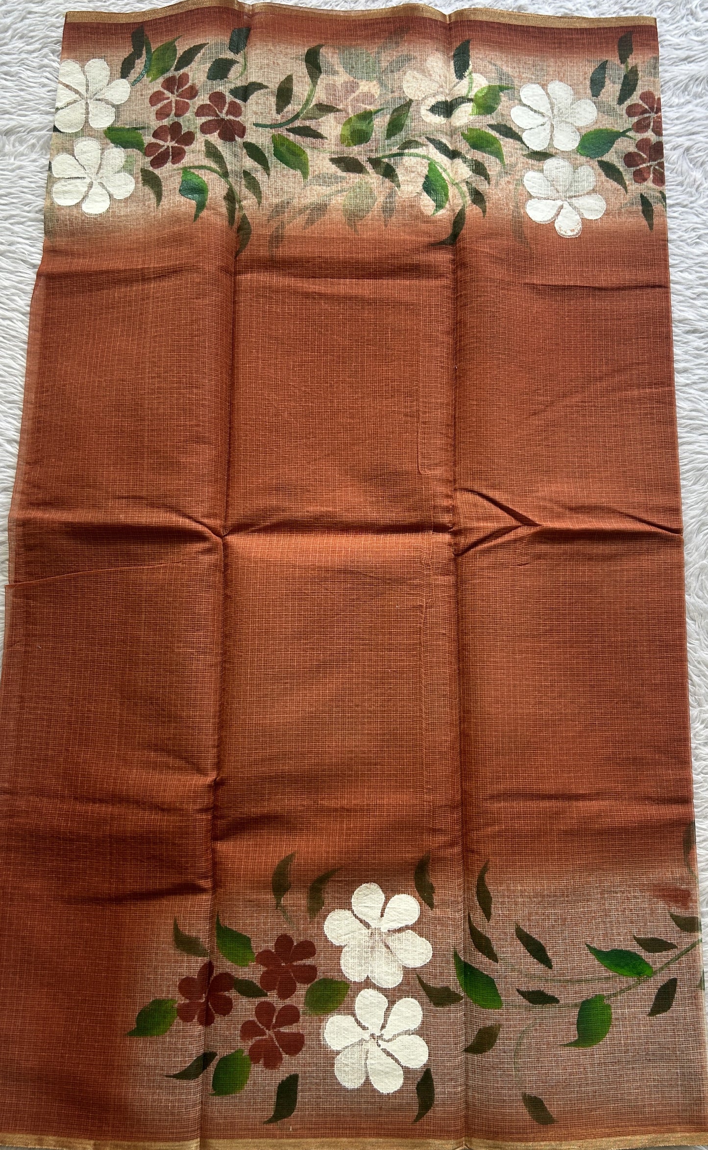 Cotton Kota Hand Painted Saree Chocolate Brown Colored Complemented with a Borderless. - Sampradaya Designer Studio