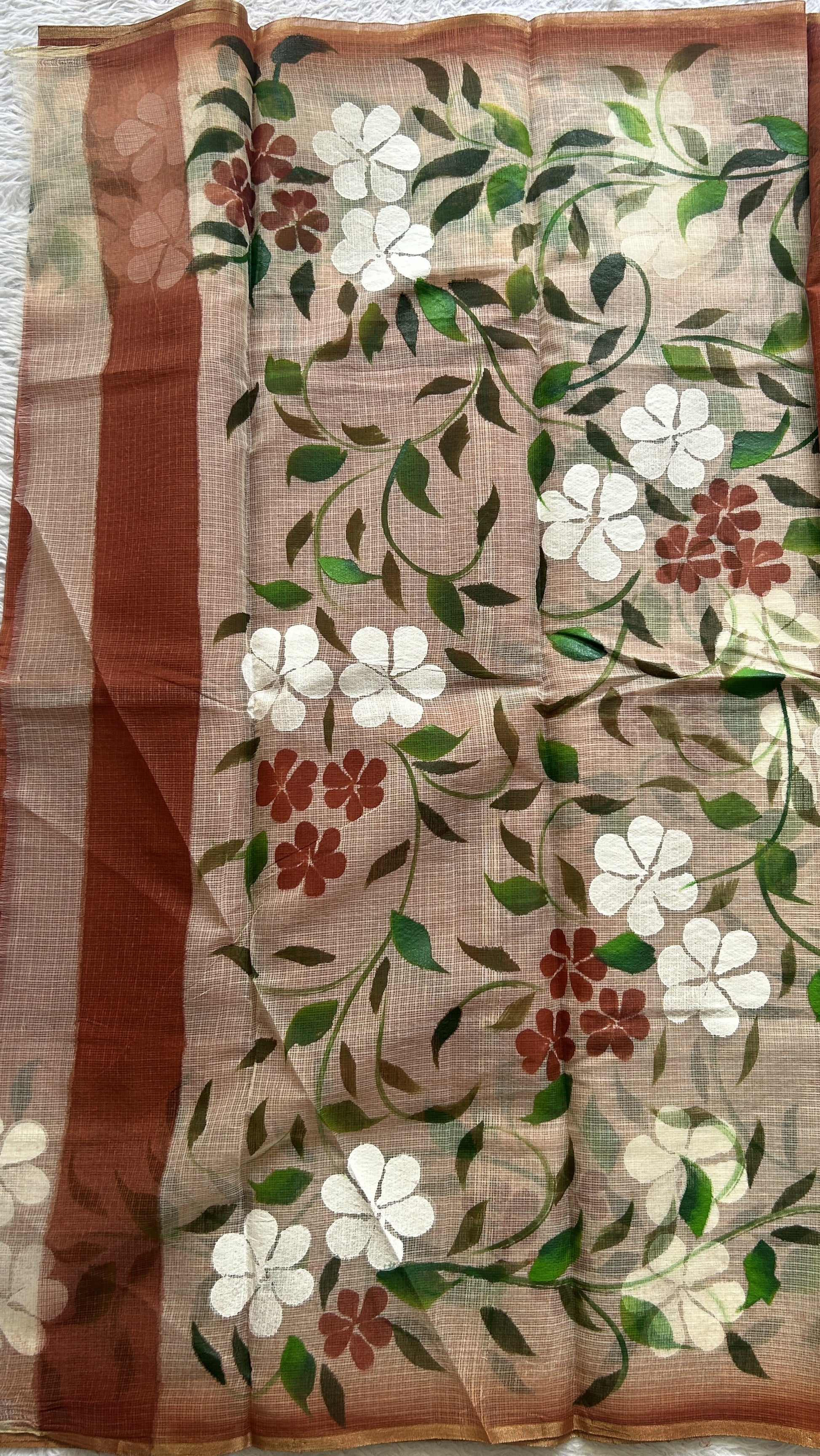 Cotton Kota Hand Painted Saree Chocolate Brown Colored Complemented with a Borderless. - Sampradaya Designer Studio