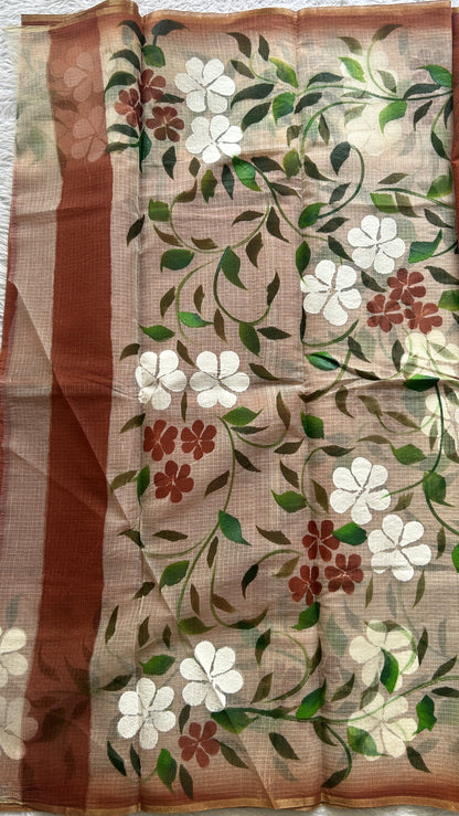 Cotton Kota Hand Painted Saree Chocolate Brown Colored Complemented with a Borderless. - Sampradaya Designer Studio