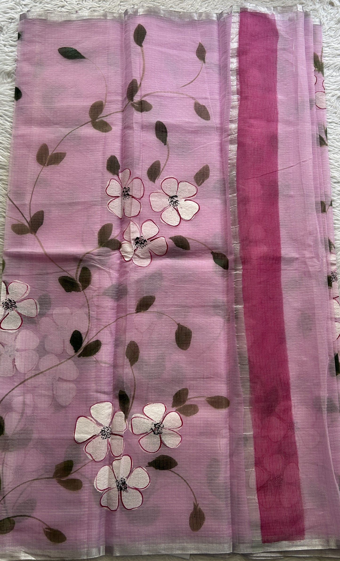 Cotton Kota Hand Painted Saree Lilac Colored Complemented with a Borderless. - Sampradaya Designer Studio