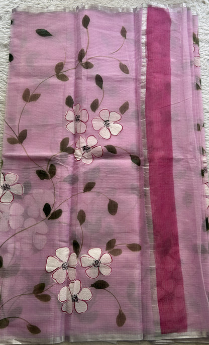 Cotton Kota Hand Painted Saree Lilac Colored Complemented with a Borderless. - Sampradaya Designer Studio