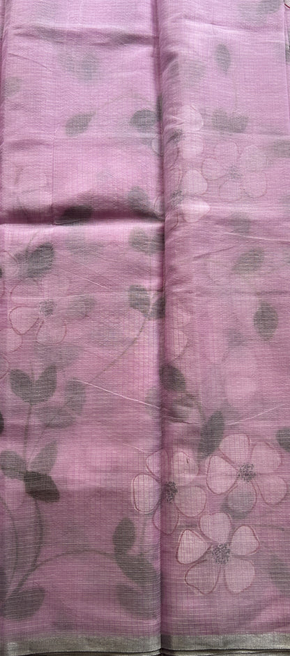 Cotton Kota Hand Painted Saree Lilac Colored Complemented with a Borderless. - Sampradaya Designer Studio