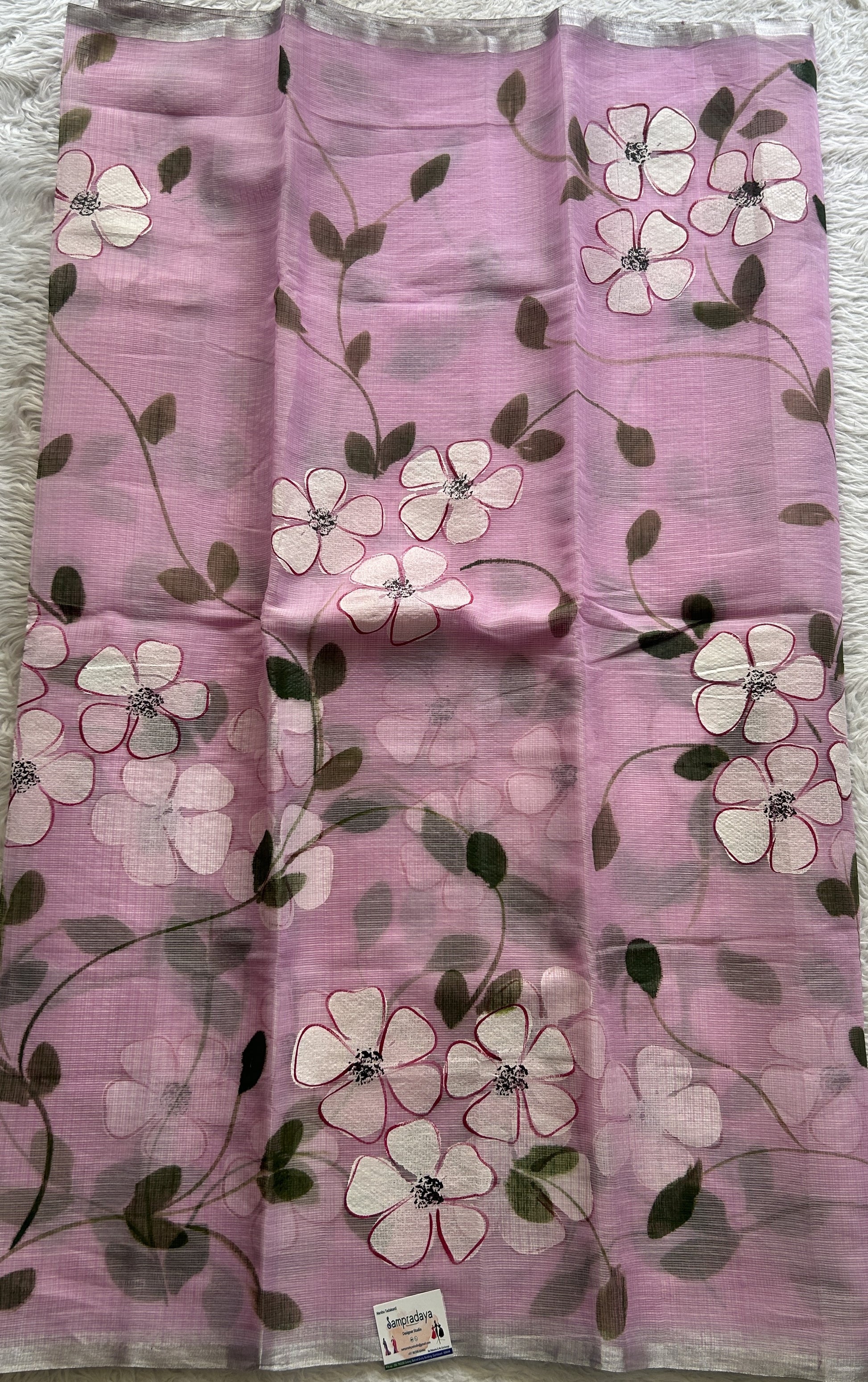 Cotton Kota Hand Painted Saree Lilac Colored Complemented with a Borderless. - Sampradaya Designer Studio