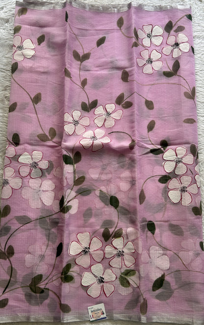 Cotton Kota Hand Painted Saree Lilac Colored Complemented with a Borderless. - Sampradaya Designer Studio