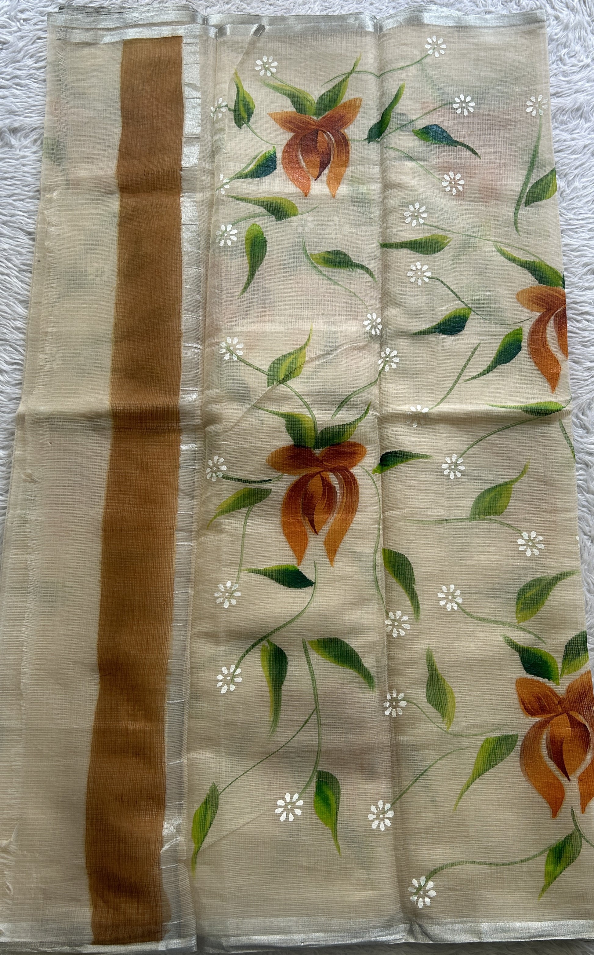 Cotton Kota Hand Painted Saree Wheat Colored Complemented with a Borderless. - Sampradaya Designer Studio