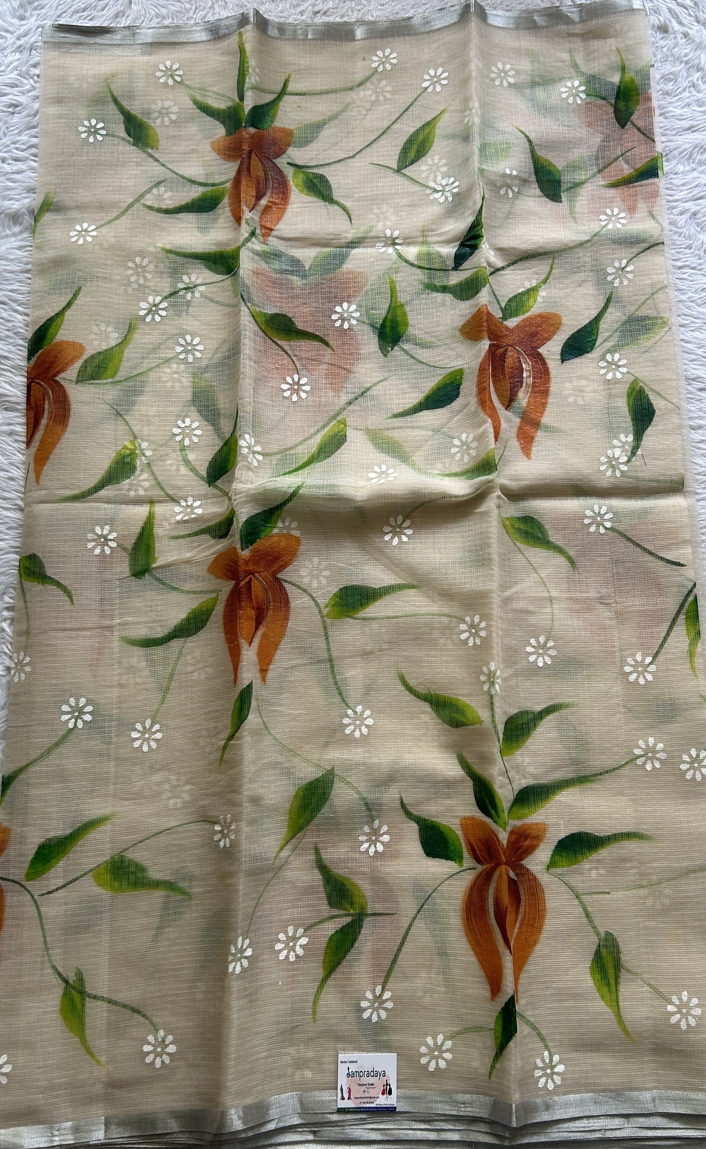 Cotton Kota Hand Painted Saree Wheat Colored Complemented with a Borderless. - Sampradaya Designer Studio