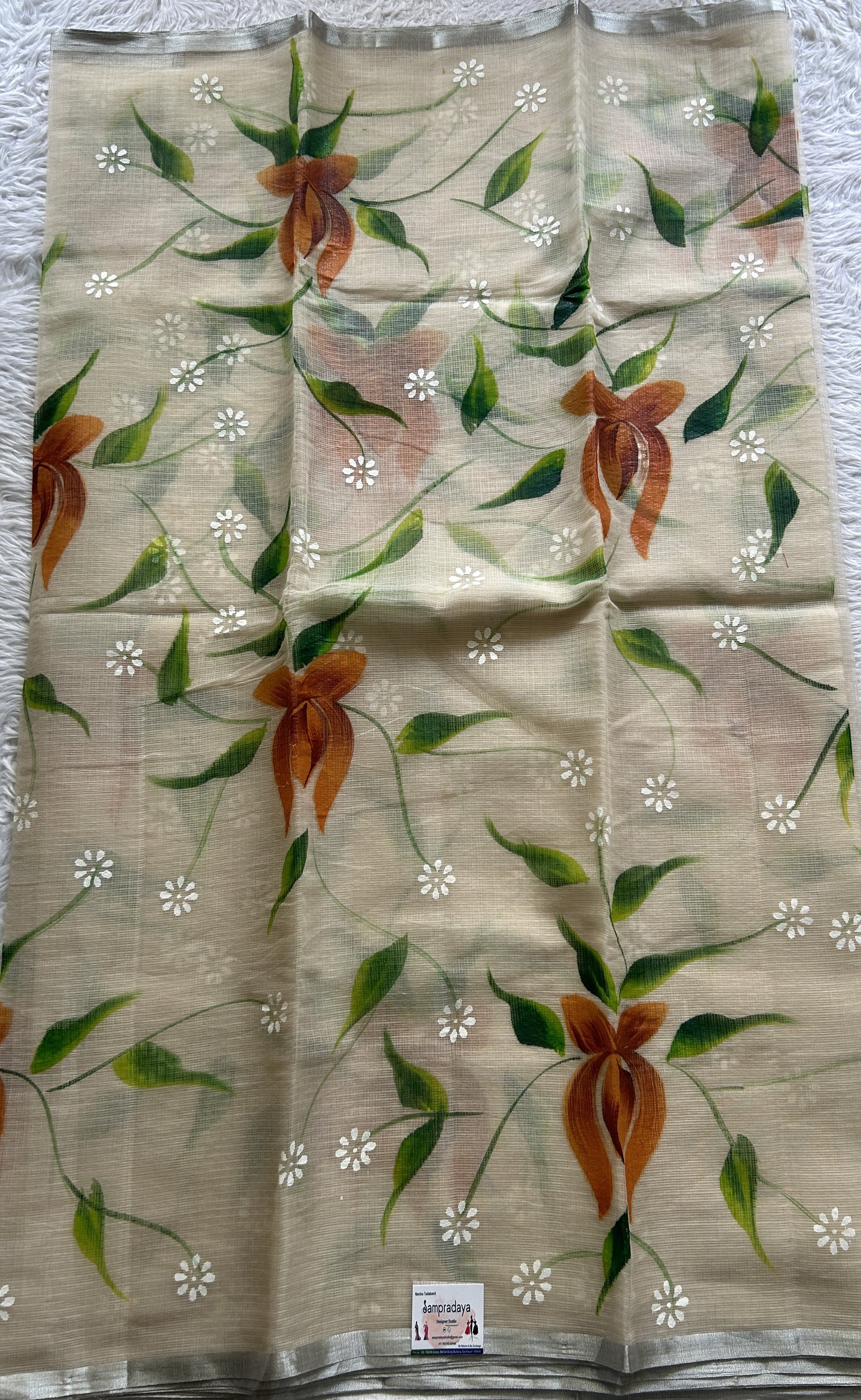 Cotton Kota Hand Painted Saree Wheat Colored Complemented with a Borderless. - Sampradaya Designer Studio