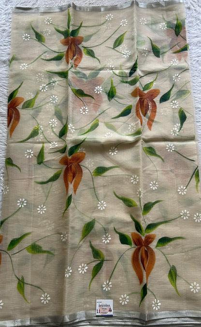 Cotton Kota Hand Painted Saree Wheat Colored Complemented with a Borderless. - Sampradaya Designer Studio