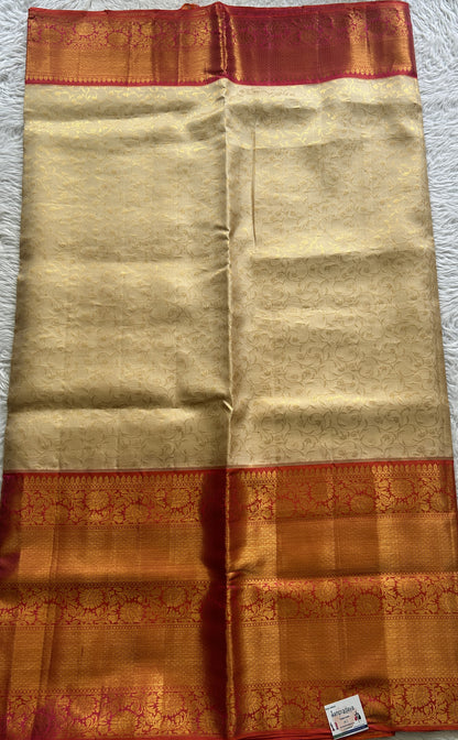 Kanjivaram Bridal Silk Saree Cream colored complemented with a Zari border - Sampradaya Designer Studio