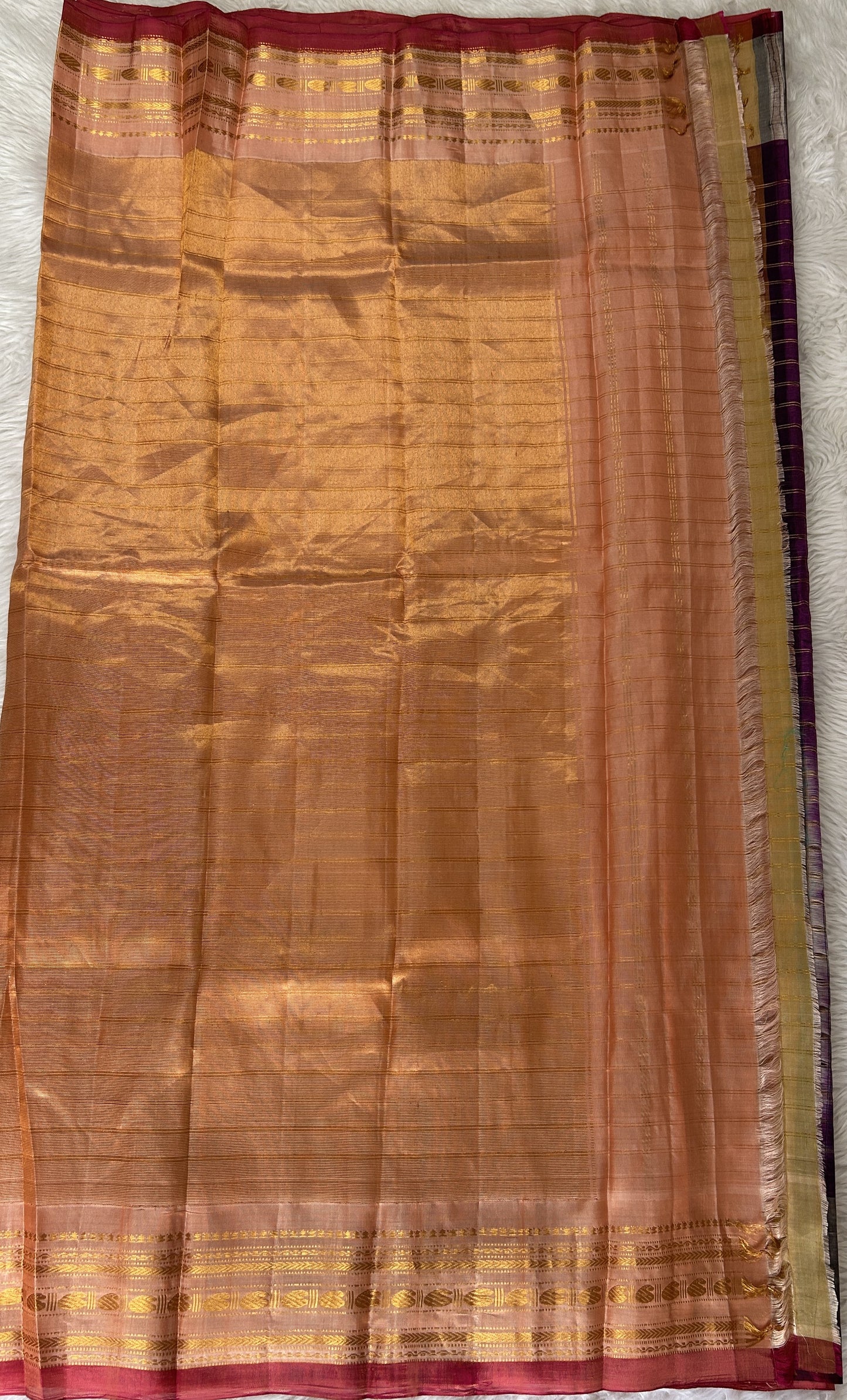 Gadwal Pattu Purple Colored Saree Complemented With a Peach Color Kanchi Gap Border - Sampradaya Designer Studio