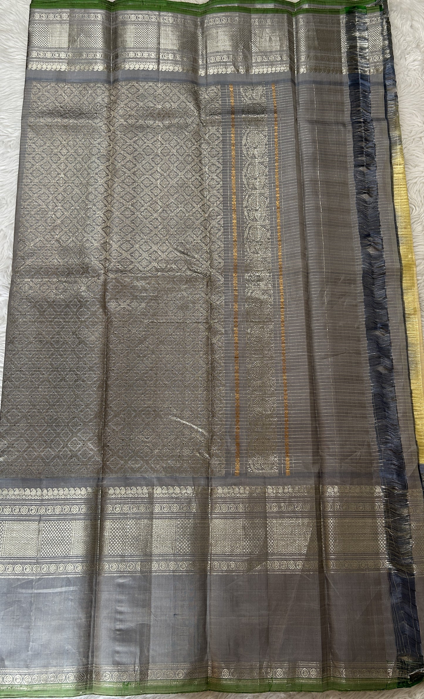 Gadwal Pattu Cream Colored Saree Complemented With a Gray Color Kanchi Border - Sampradaya Designer Studio