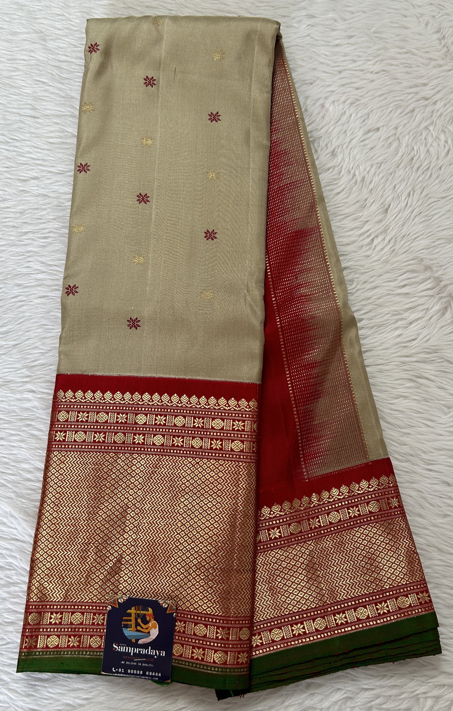 Gadwal Pattu Saree Beige Colored Complemented With a Maroon Color Kanchi Border - Sampradaya Designer Studio