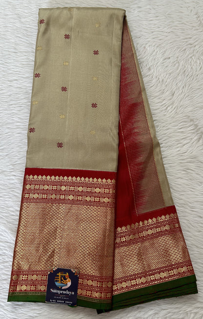 Gadwal Pattu Saree Beige Colored Complemented With a Maroon Color Kanchi Border - Sampradaya Designer Studio
