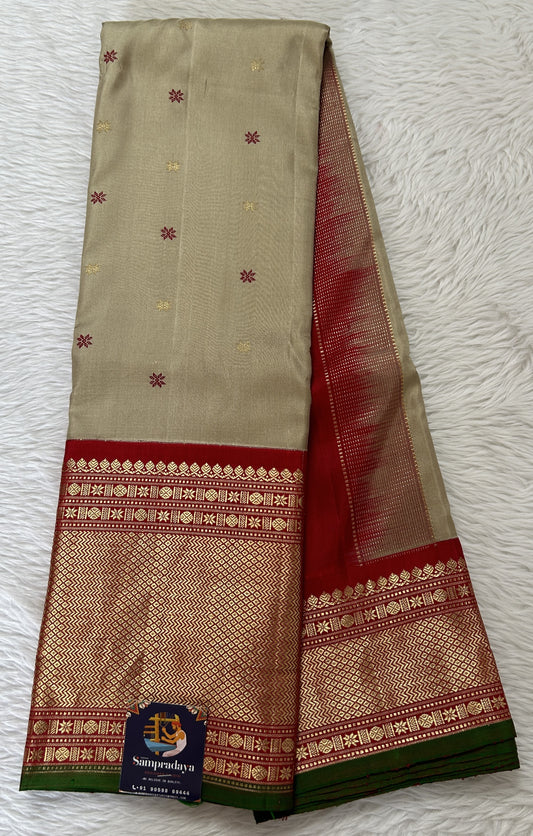Gadwal Pattu Saree Beige Colored Complemented With a Maroon Color Kanchi Border - Sampradaya Designer Studio