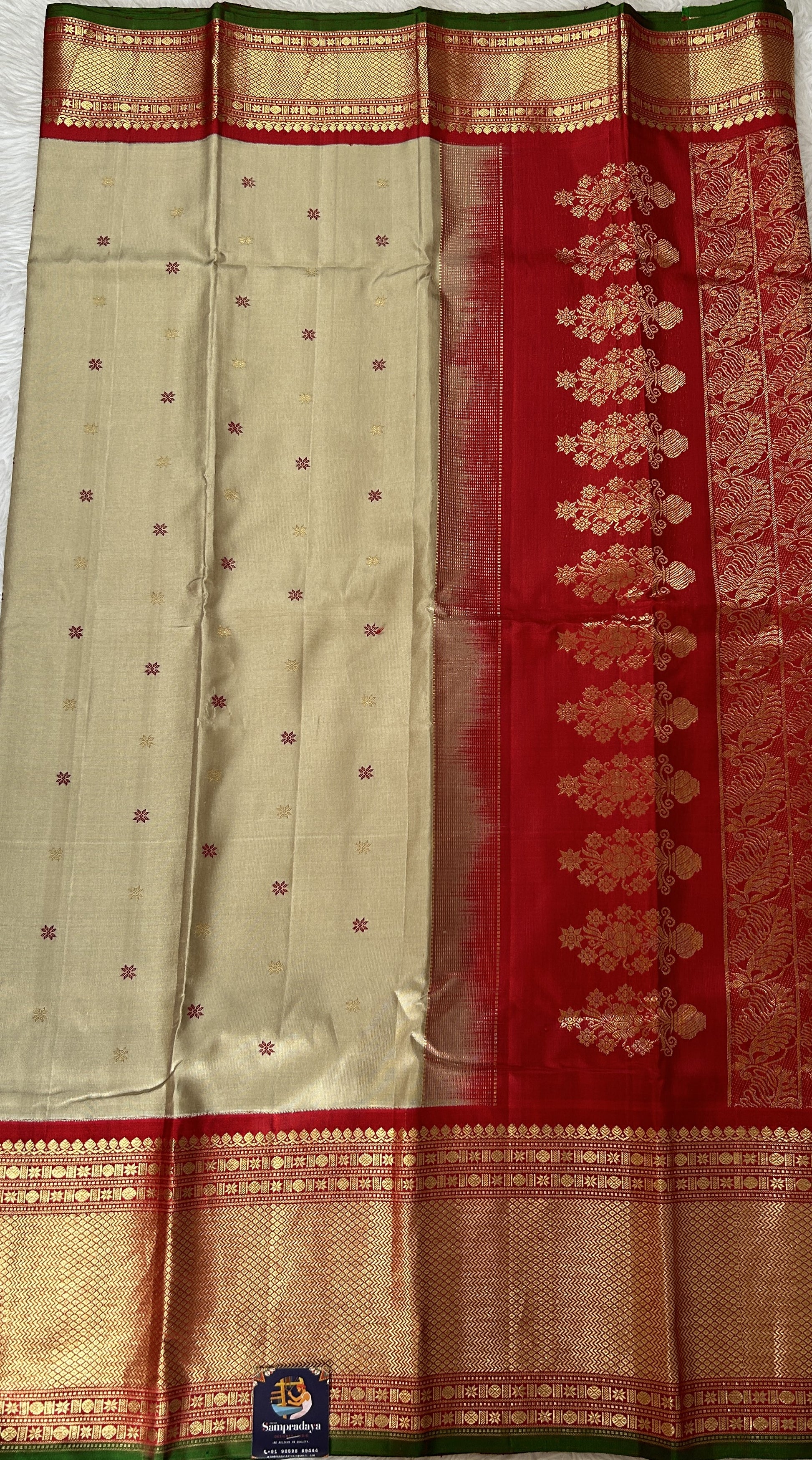 Gadwal Pattu Saree Beige Colored Complemented With a Maroon Color Kanchi Border - Sampradaya Designer Studio