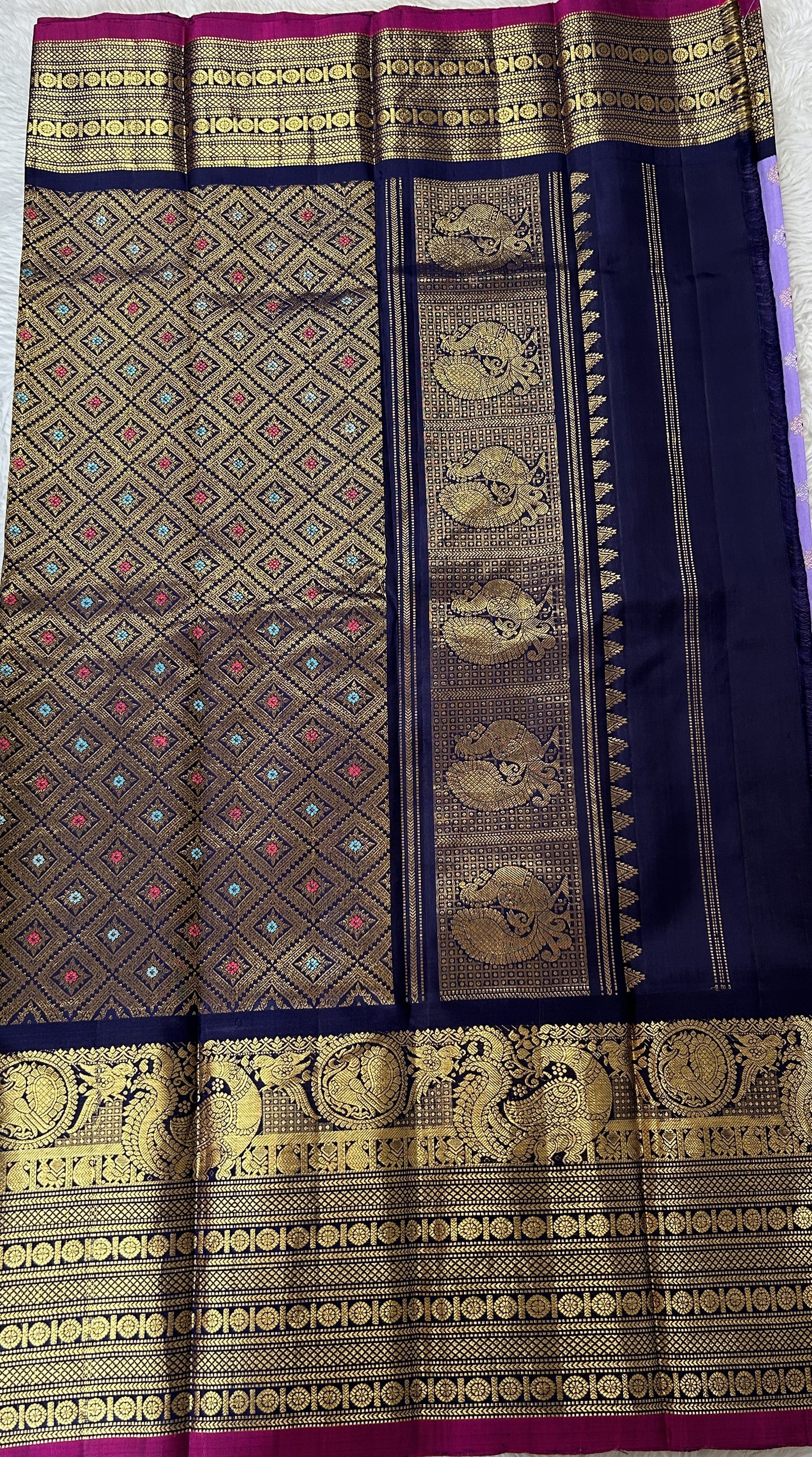Gadwal Pattu Saree Lavender Colored Complemented With a Navy Blue Color Kanchi Border - Sampradaya Designer Studio