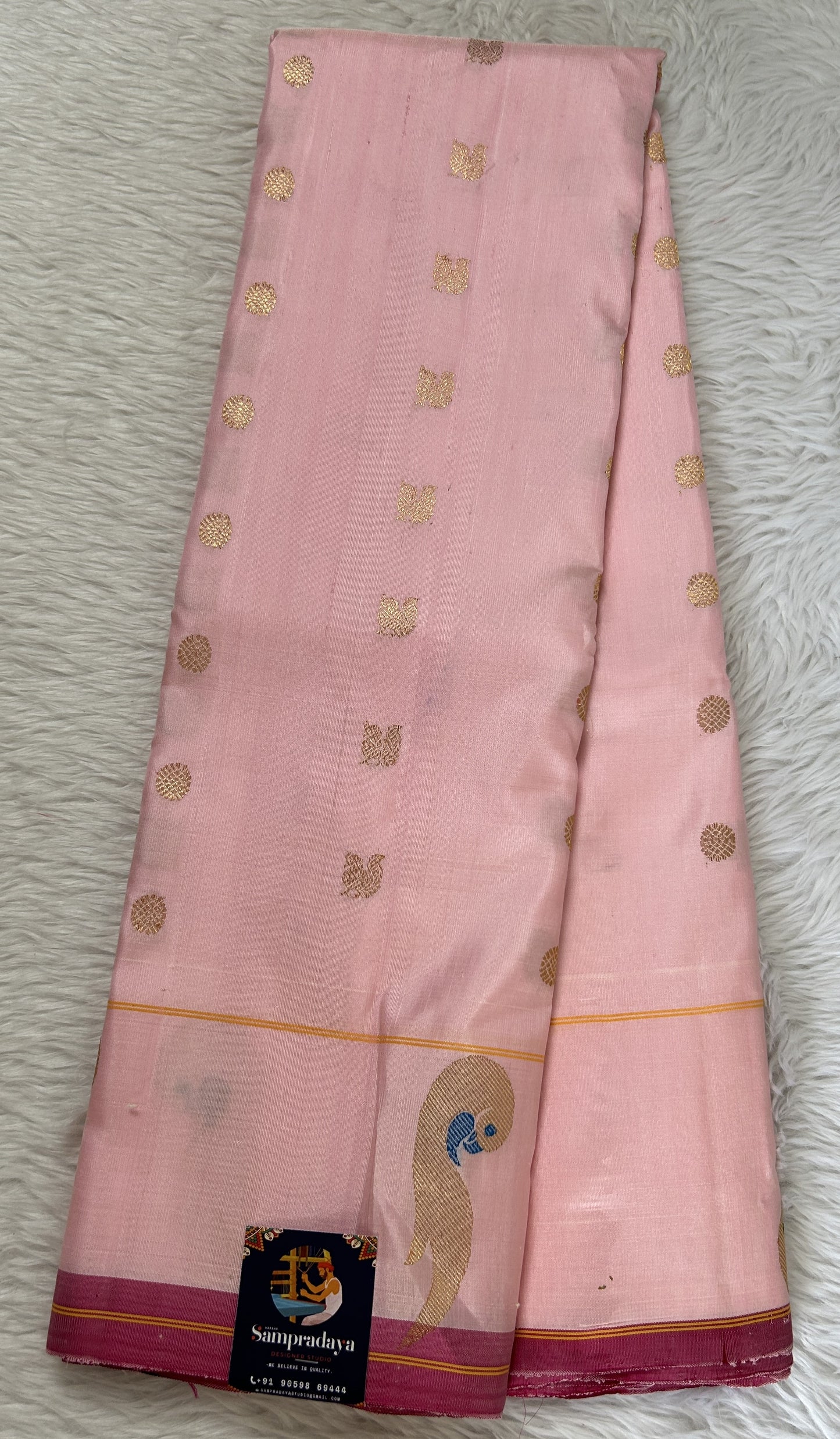 Gadwal Silk Saree Baby Pink Colored Complemented With a Muniya Border - Sampradaya Designer Studio