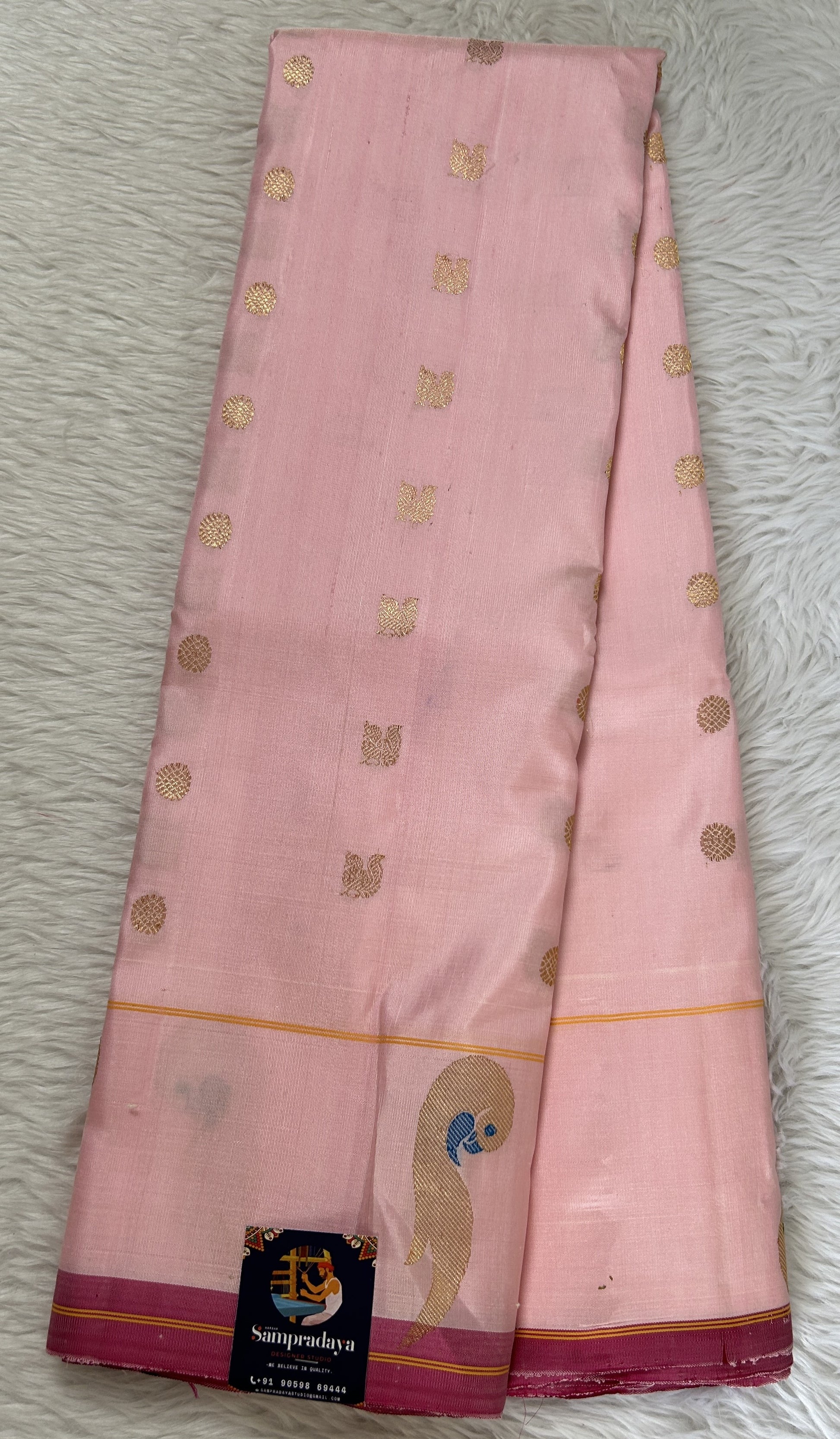 Gadwal Silk Saree Baby Pink Colored Complemented With a Muniya Border - Sampradaya Designer Studio