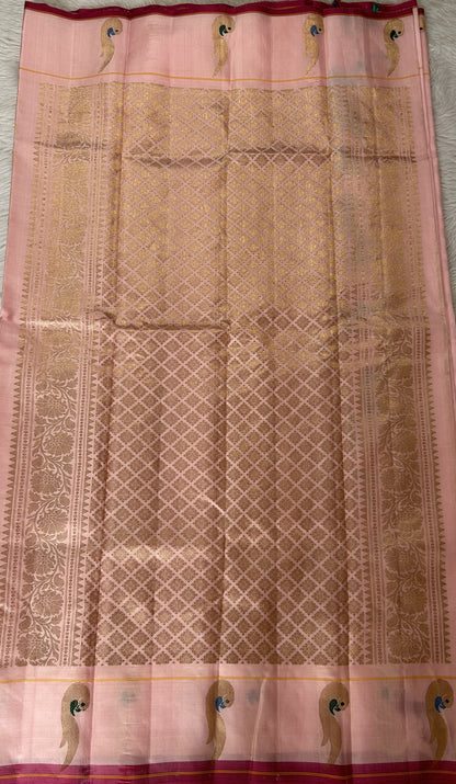 Gadwal Silk Saree Baby Pink Colored Complemented With a Muniya Border - Sampradaya Designer Studio