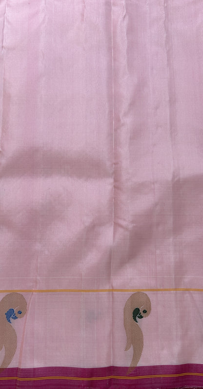 Gadwal Silk Saree Baby Pink Colored Complemented With a Muniya Border - Sampradaya Designer Studio
