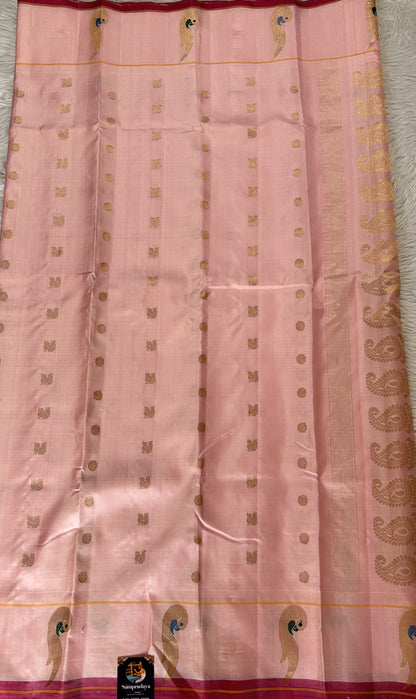Gadwal Silk Saree Baby Pink Colored Complemented With a Muniya Border - Sampradaya Designer Studio