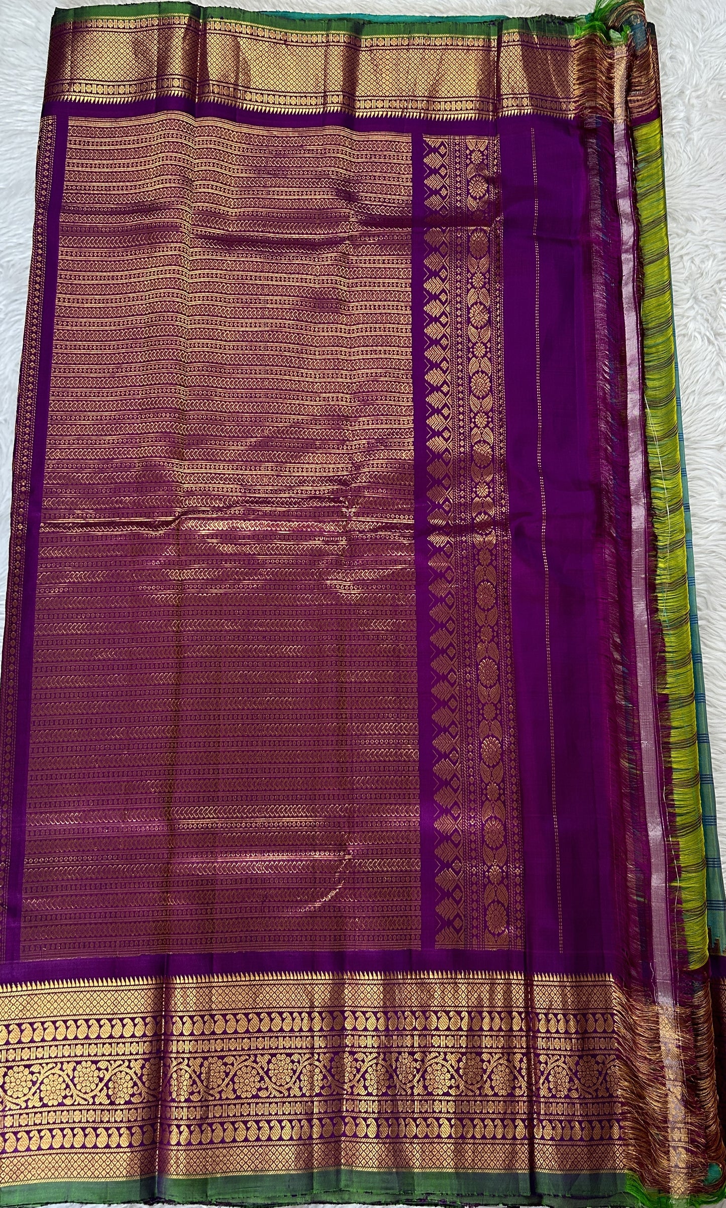 Gadwal Silk Saree Blue Green Colored Complemented With a Violet Color Kanchi Border - Sampradaya Designer Studio